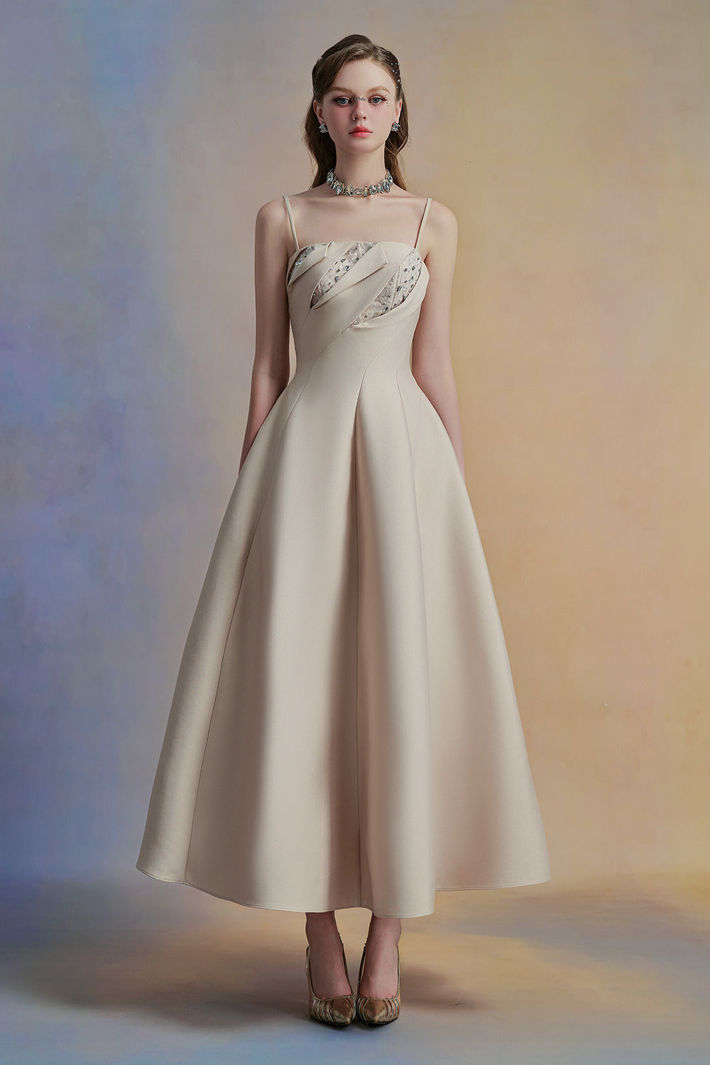 Luceris A-line Spaghetti Strap Taffeta Midi Dress