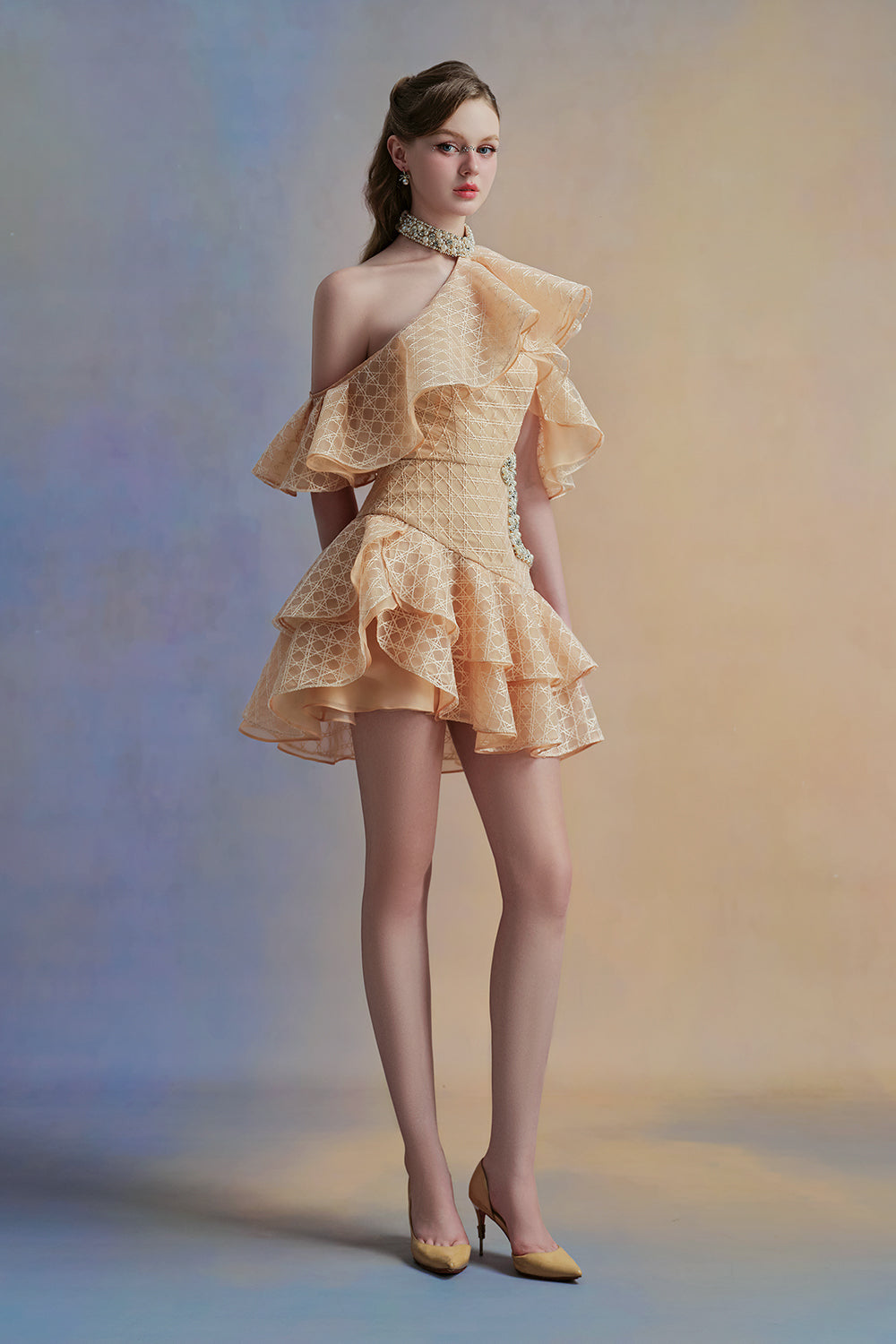 Zinnelle Asymmetric Ruffle Layer Organza Mini Dress
