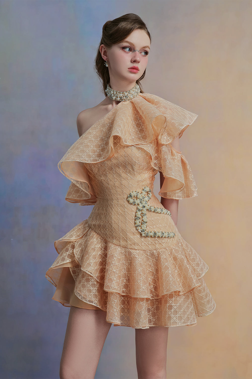 Zinnelle Asymmetric Ruffle Layer Organza Mini Dress