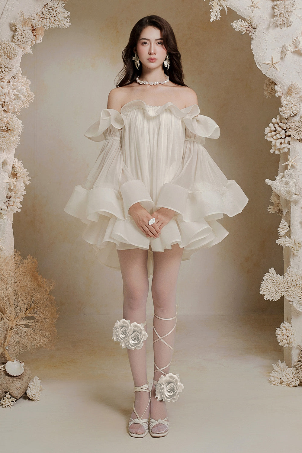 Women's Flora Babydoll Ruffle Layer Crinkle Chiffon Mini Dress Freesize Ivory MEAN BLVD Women's Flora Babydoll Ruffle Layer Crinkle Chiffon Mini Dress Freesize Ivory MEAN BLVD