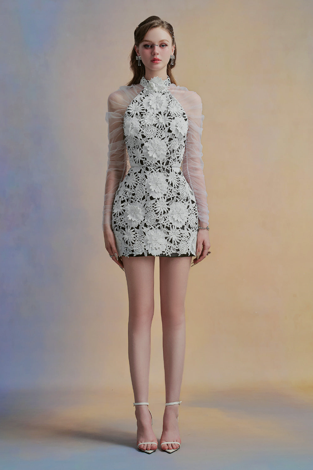 Petalia A-line Halter Neck Lace Mini Dress