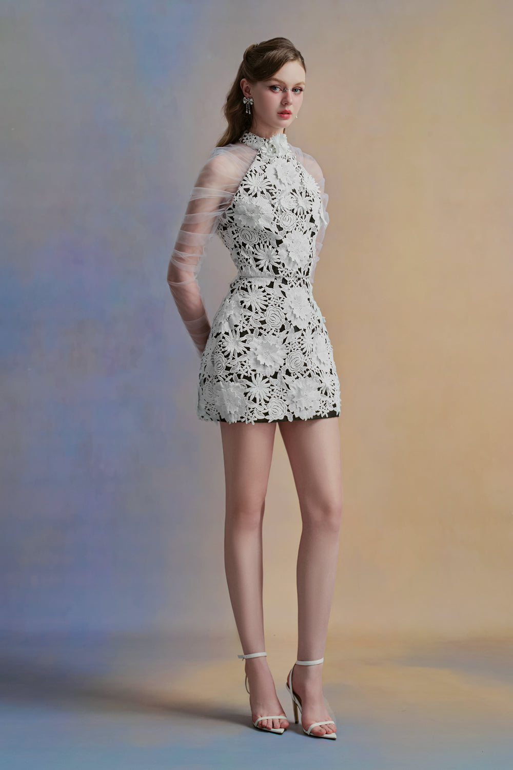 Petalia A-line Halter Neck Lace Mini Dress