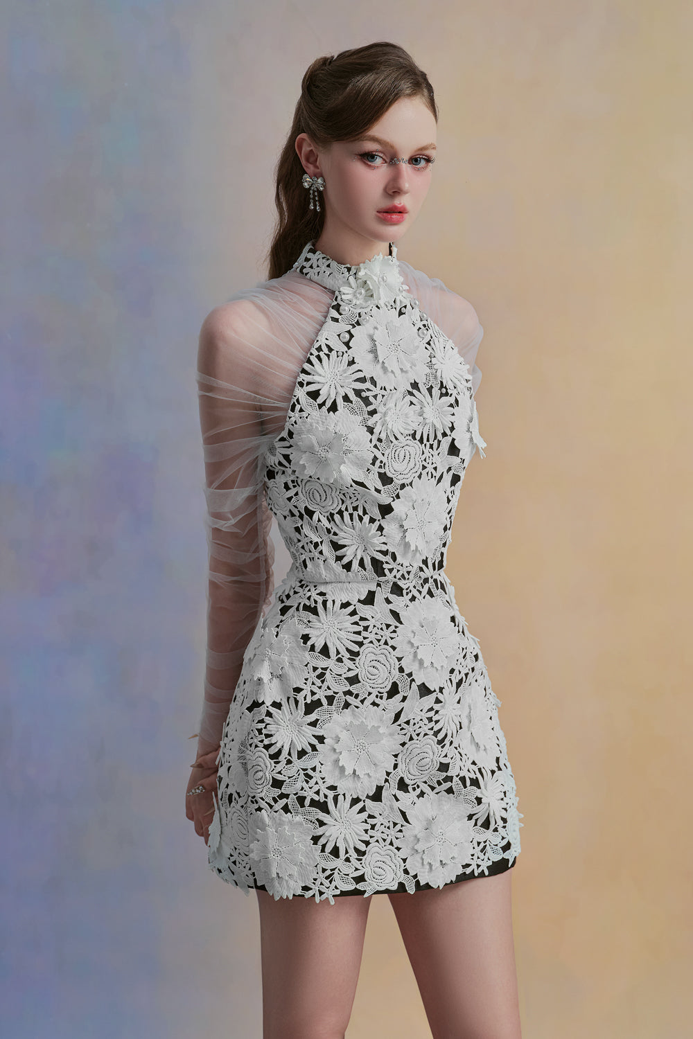 Petalia A-line Halter Neck Lace Mini Dress