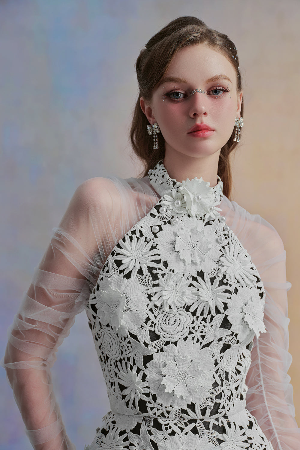 Petalia A-line Halter Neck Lace Mini Dress