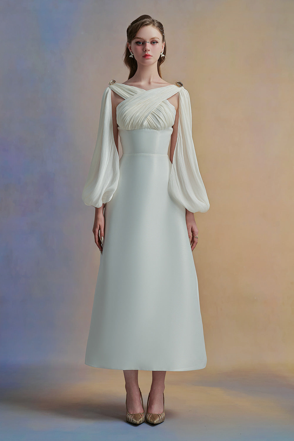 Zephéa A-line Puffy Sleeved Taffeta Midi Dress