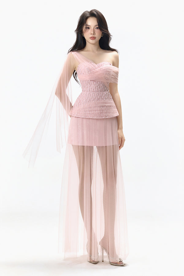 Isla Peplum Bead Mesh Taffeta Maxi Dress