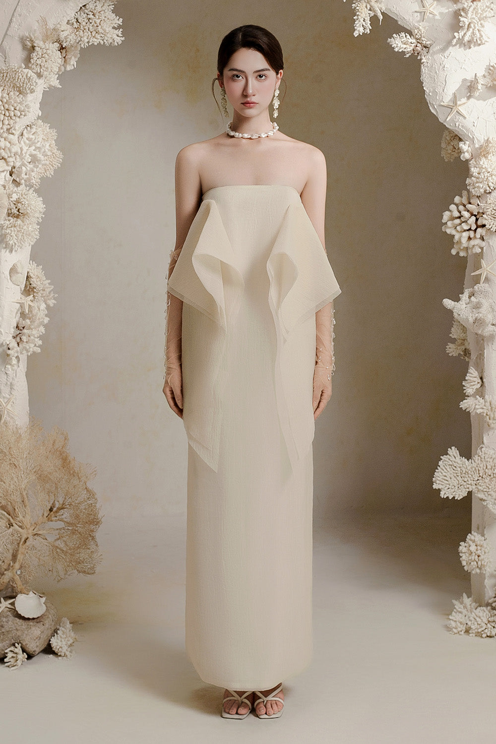 Jannie Straight Ruffle Layer Crinkle Organza Ankle Length Dress