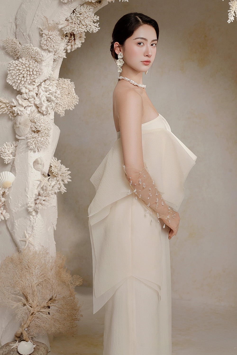 Jannie Straight Ruffle Layer Crinkle Organza Ankle Length Dress