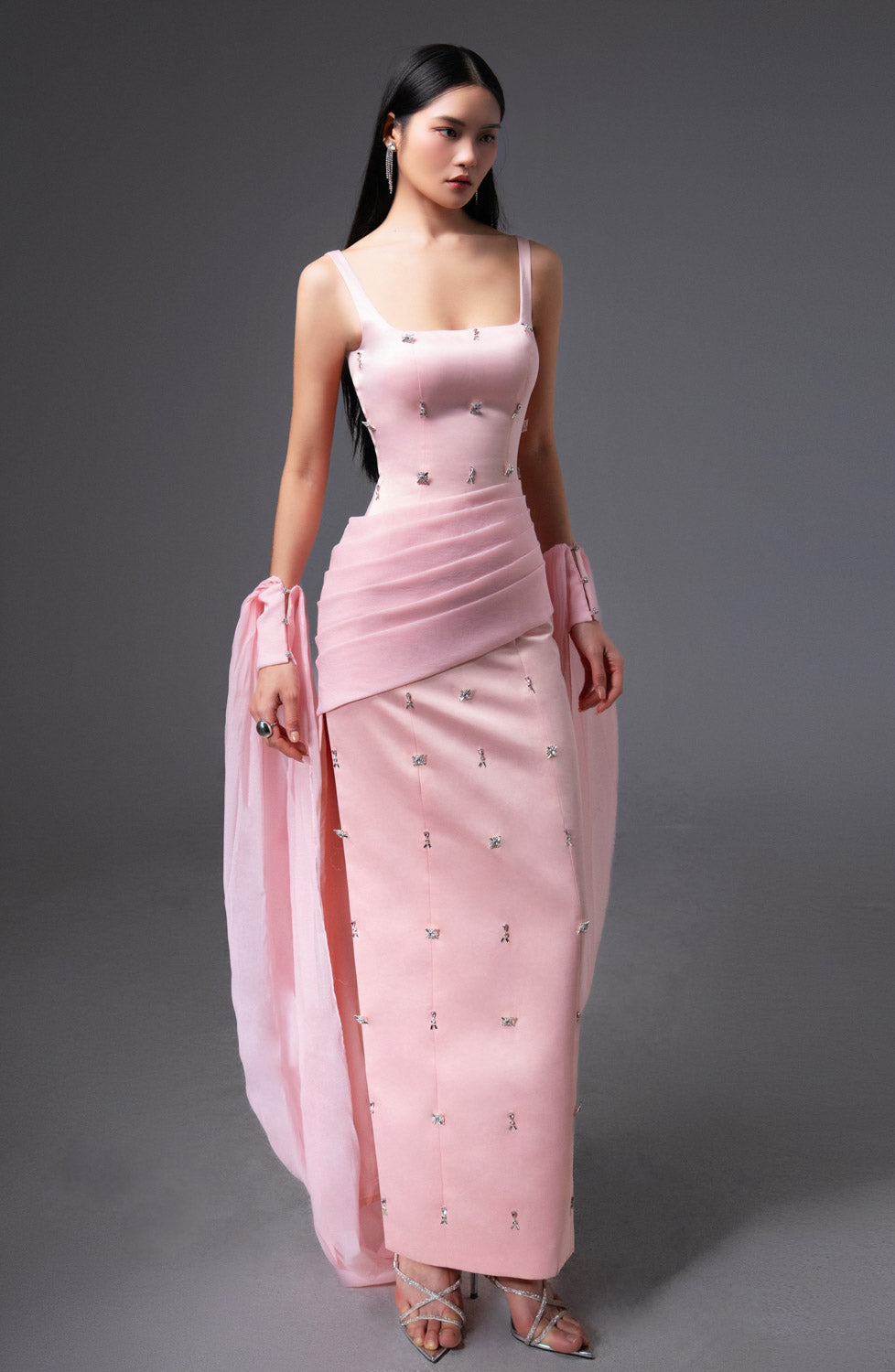 Sylvia Sheath Square Neck Twill Floor Length Dress