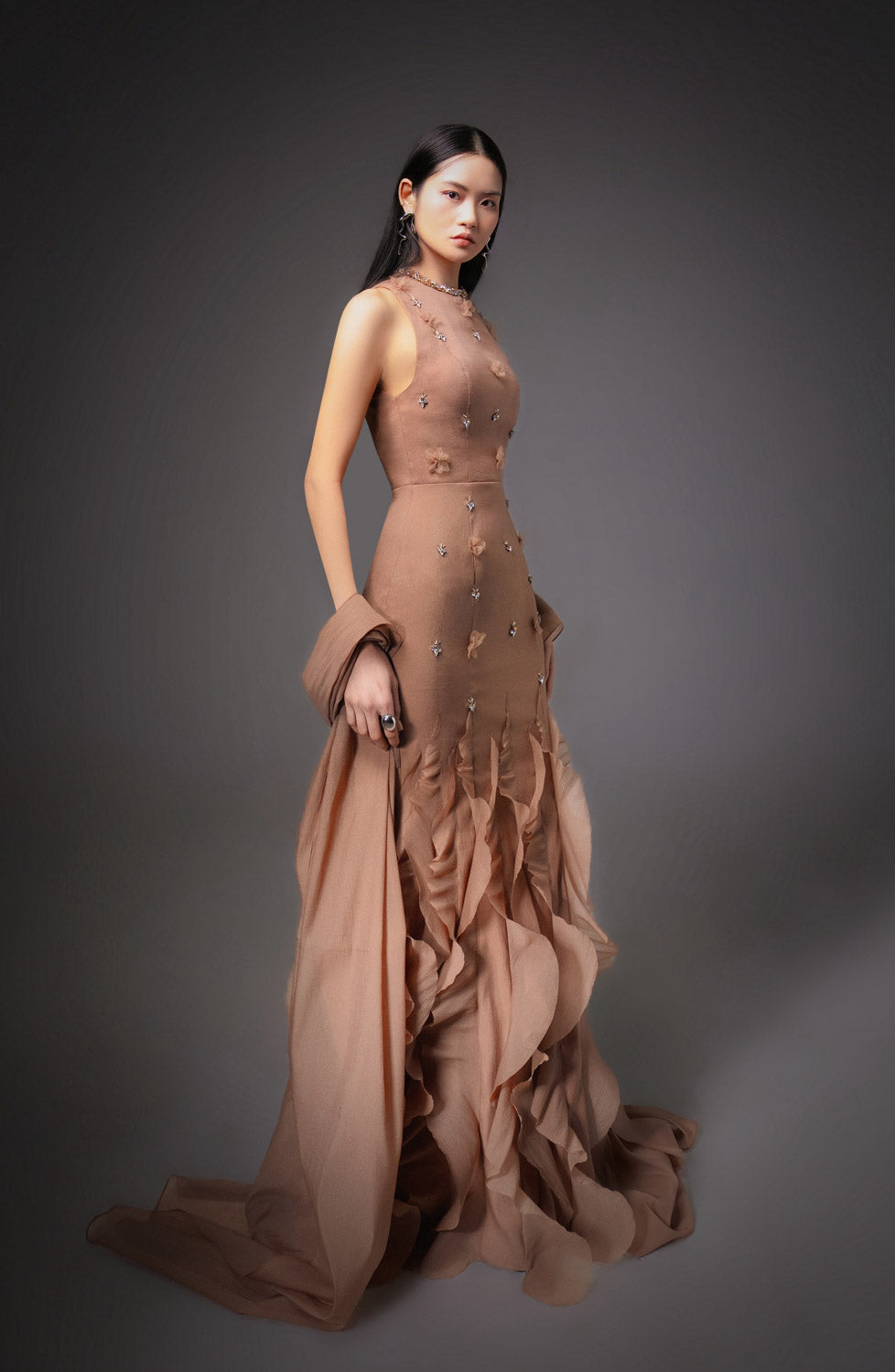 Potter Mermaid Jewel Neck Organza Floor Length Dress