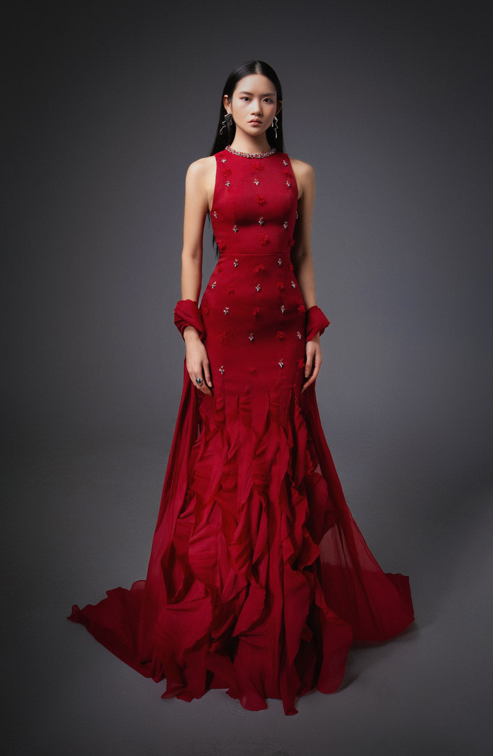 Potter Mermaid Jewel Neck Organza Floor Length Dress