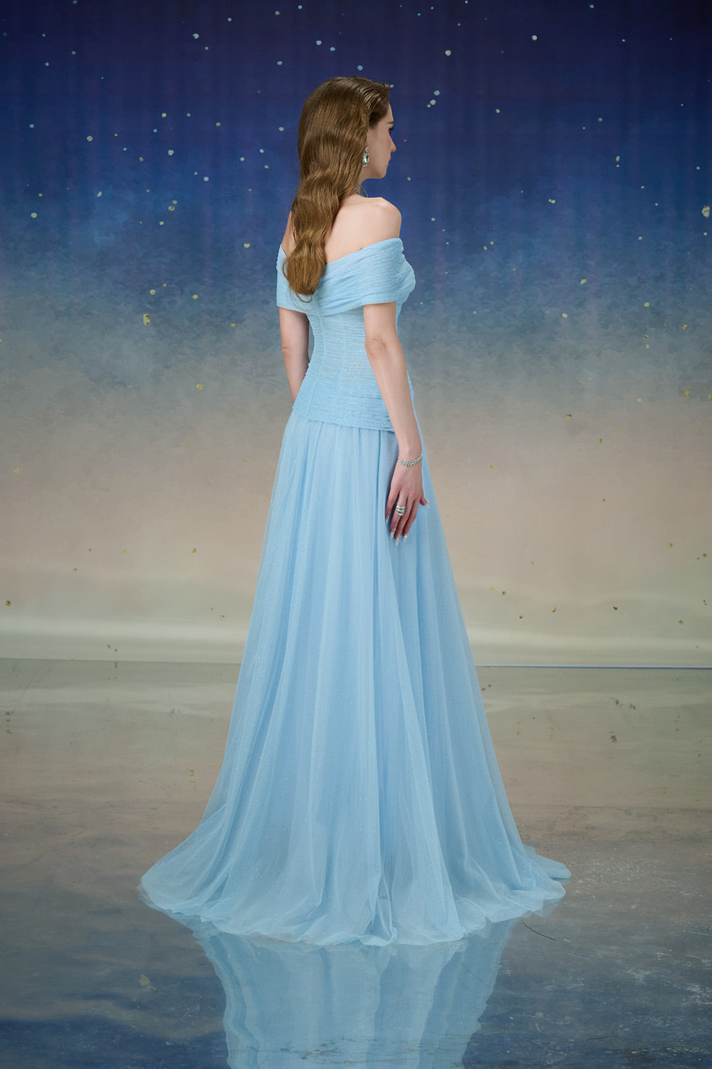 Cometia Fit and Flare Off-Shoulder Mesh Sequin Floor Length Dress