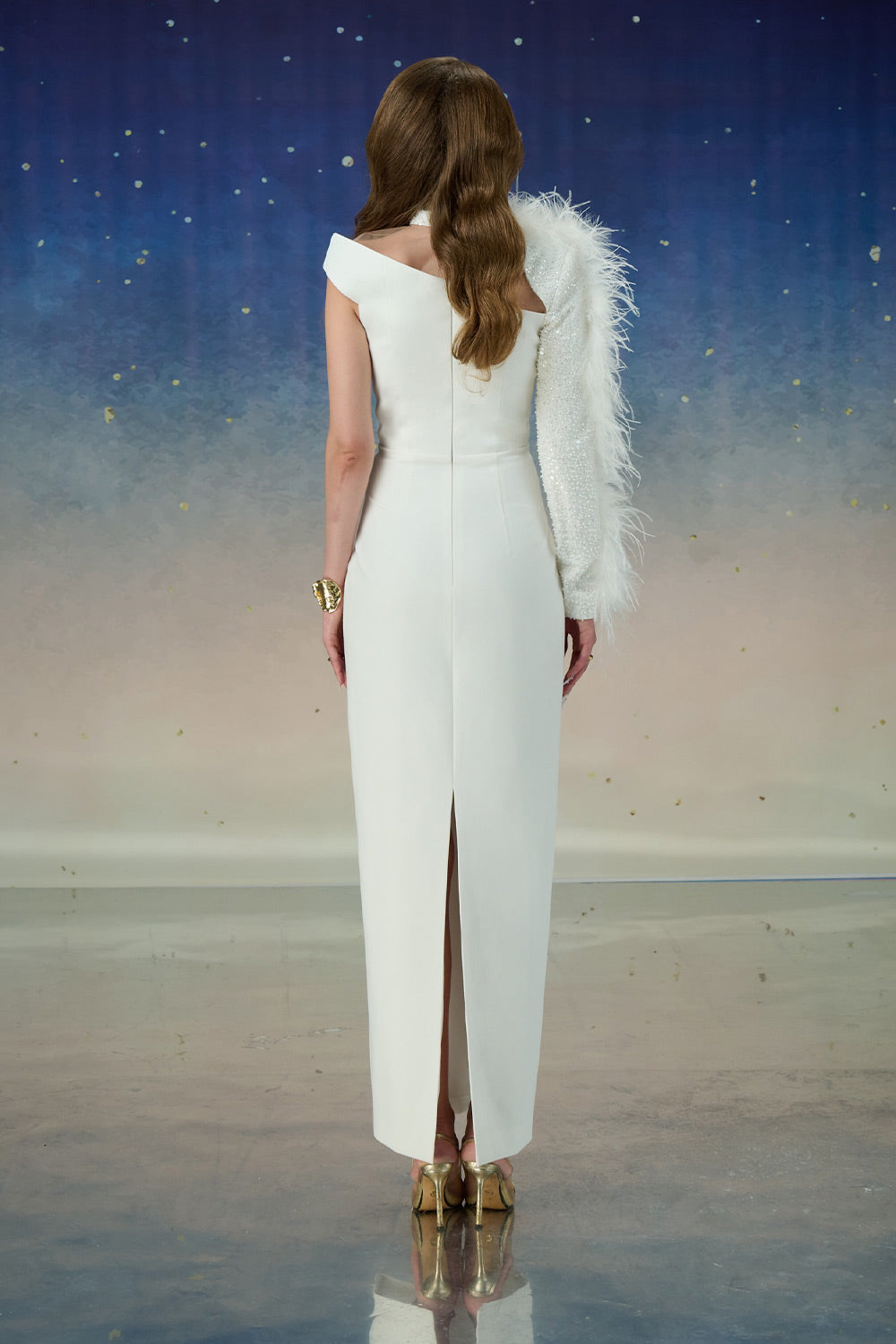 Siriella Pencil Asymmetric Sleeved Polyester Ankle Length Dress