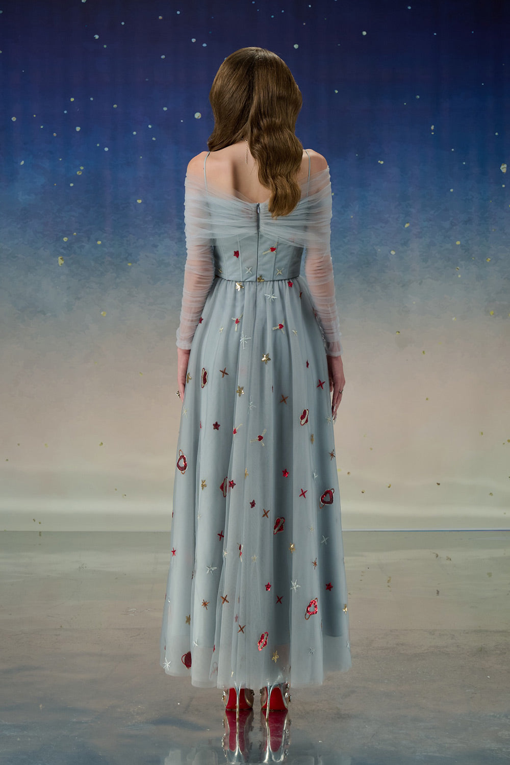 Veloura A-line Cold Shoulder Sleeved Mesh Ankle Length Dress