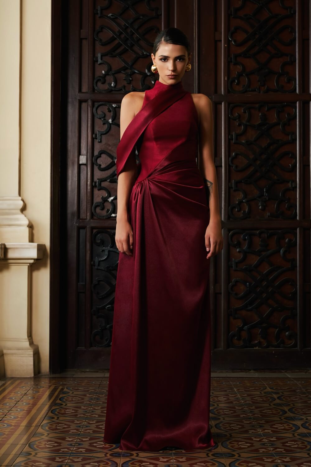 Linh Nguyet A-line High Neck Taffeta Floor Length Dress