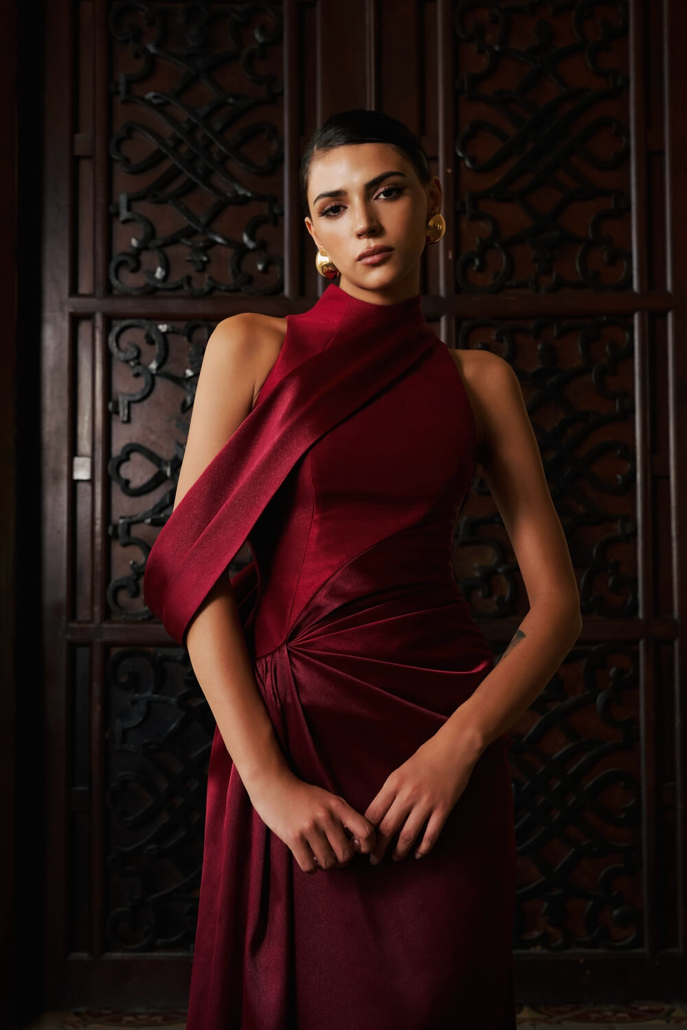 Linh Nguyet A-line High Neck Taffeta Floor Length Dress