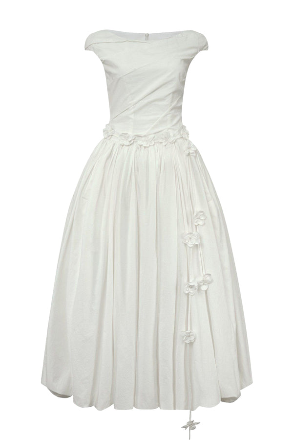 Blooming Bubble Cap Sleeved Cotton Ankle Length Dress