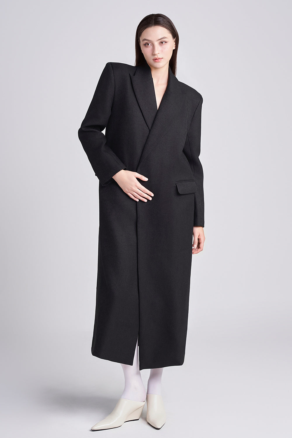 Lady Manteau Straight Square Shoulder Velvet Burlap Calf Length Trench Coat