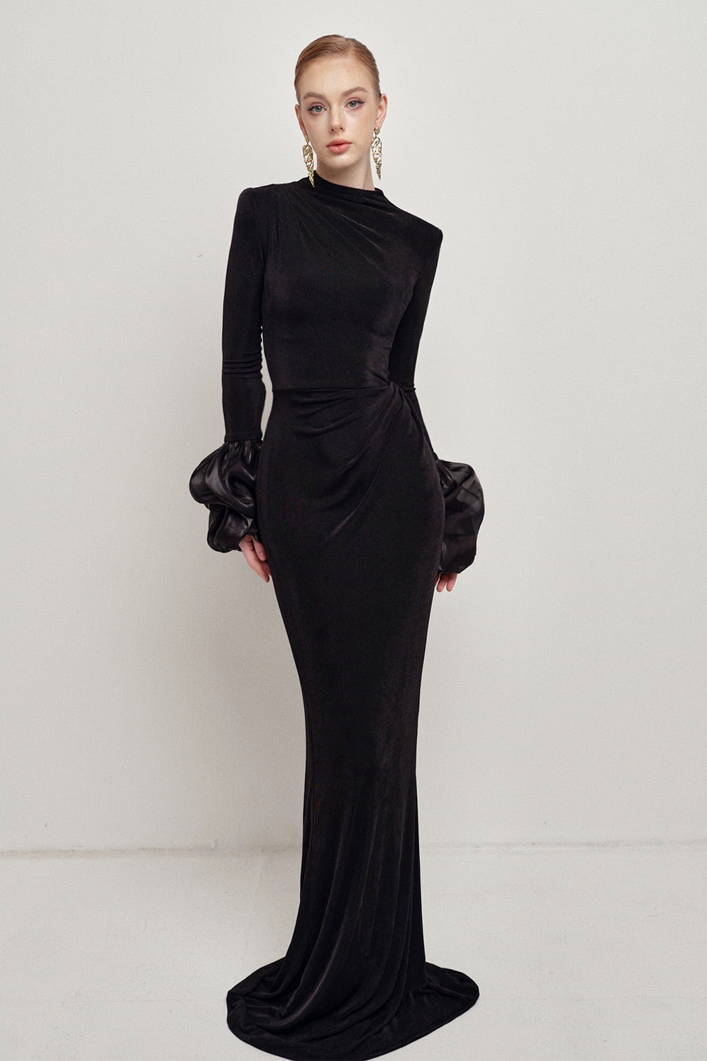 Women's Hera Sheath Bubble Sleeved Double Knit Floor Length Dress XS/S/M/L/XL/XXL/Customize Black MEAN BLVD Black / L Women's Hera Sheath Bubble Sleeved Double Knit Floor Length Dress XS/S/M/L/XL/XXL/Customize Black MEAN BLVD Black / L