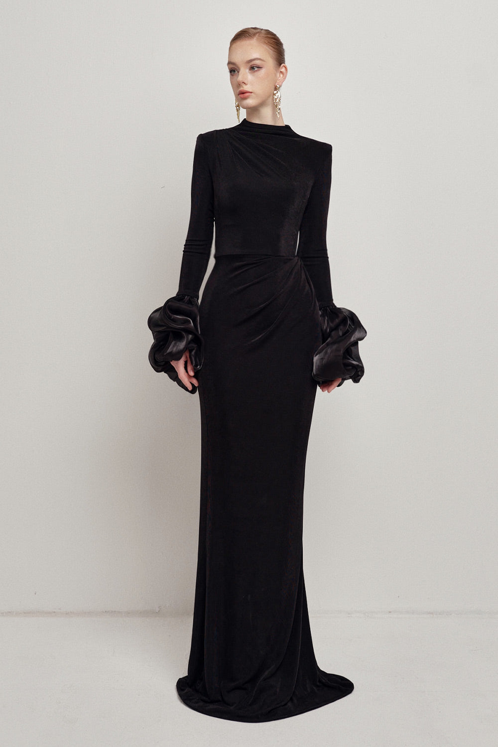 Women's Hera Sheath Bubble Sleeved Double Knit Floor Length Dress XS/S/M/L/XL/XXL/Customize Black MEAN BLVD Black / L Women's Hera Sheath Bubble Sleeved Double Knit Floor Length Dress XS/S/M/L/XL/XXL/Customize Black MEAN BLVD Black / L