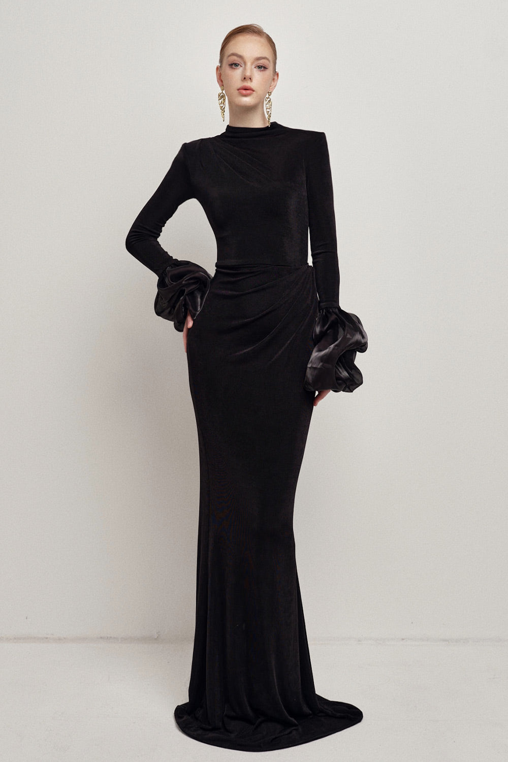 Hera Sheath Bubble Sleeved Double Knit Floor Length Dress