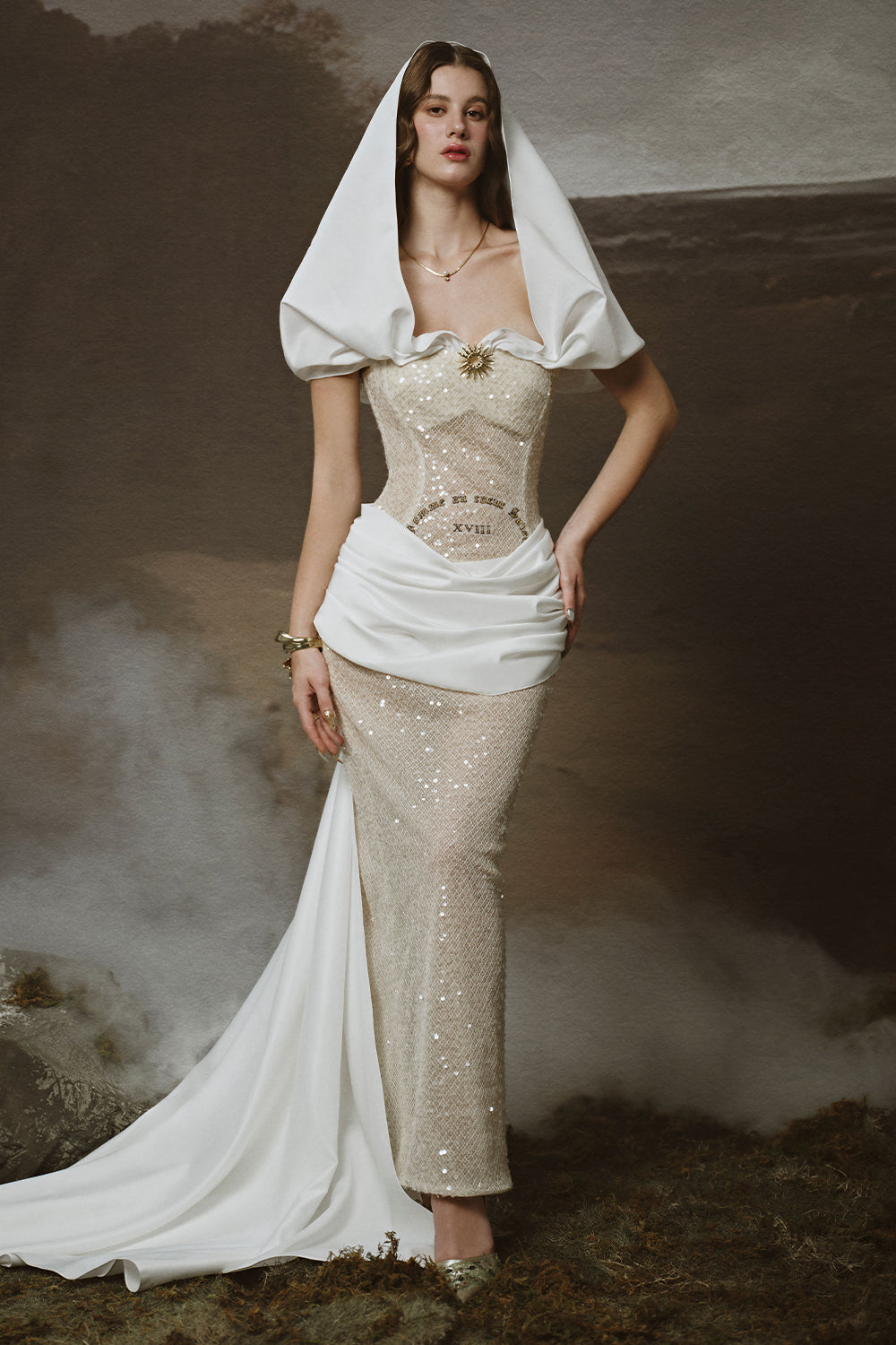 Women's Farah Sheath Draped Sequin Ankle Length Dress XS/S/M/L/XL/Customize White/Champagne MEAN BLVD White/Champagne / M