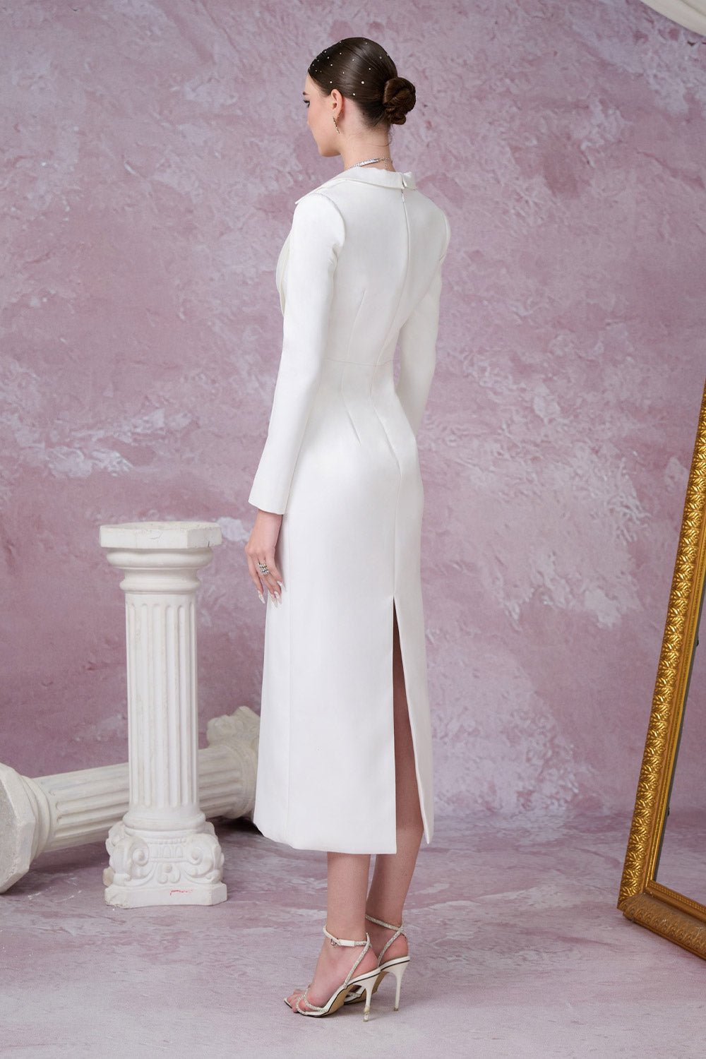 Gleamy Pencil Cowl Neck Silk Satin Calf Length Dress