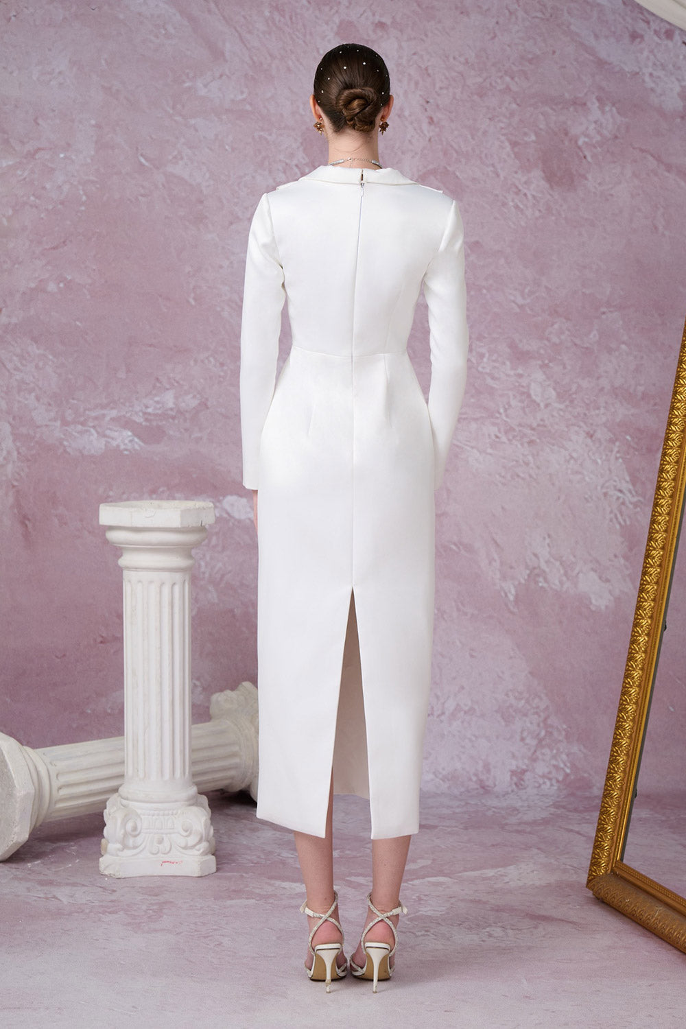 Gleamy Pencil Cowl Neck Silk Satin Calf Length Dress