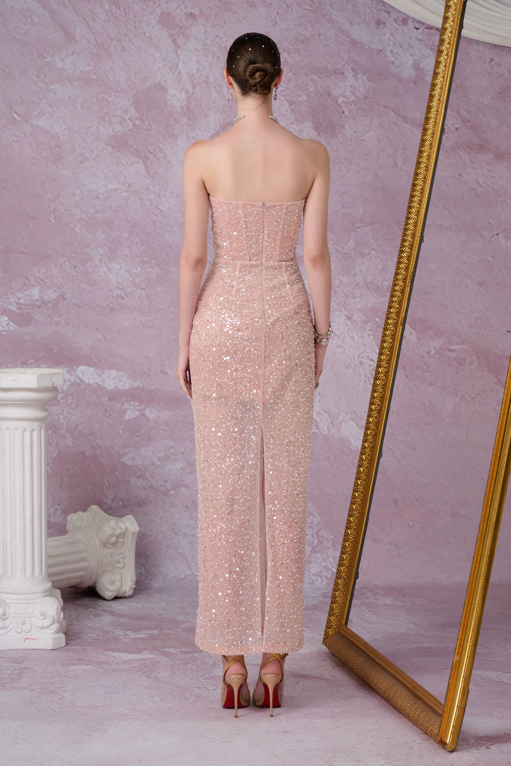 Women's Meteor Sheath Sequin Mesh Lace Ankle Length Dress S/M/L/Customize Pink Nude Mean Blvd Pink Nude / S Women's Meteor Sheath Sequin Mesh Lace Ankle Length Dress S/M/L/Customize Pink Nude Mean Blvd Pink Nude / S
