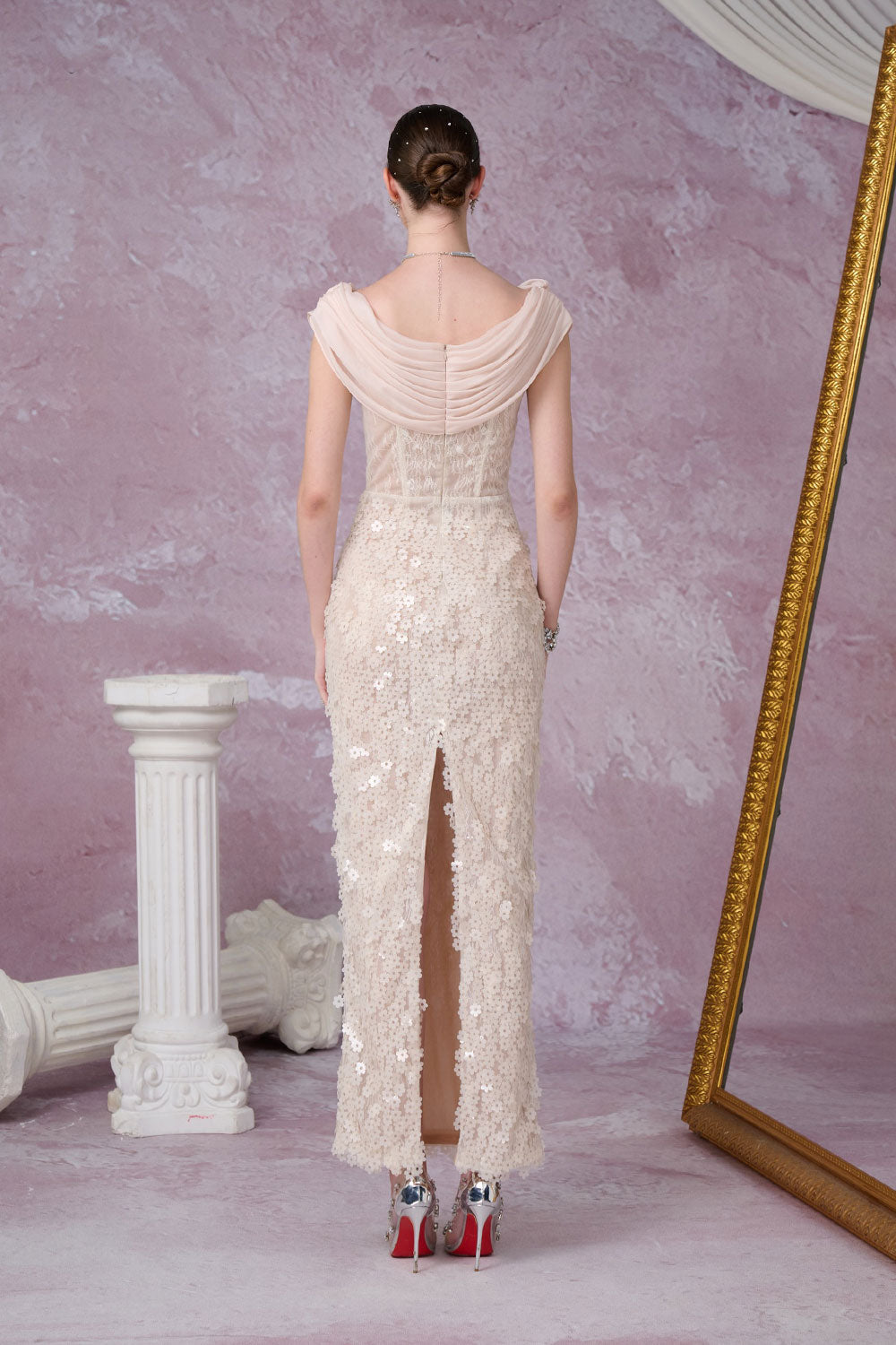 Solviva Sheath Cowl Neck Mesh Lace Ankle Length Dress