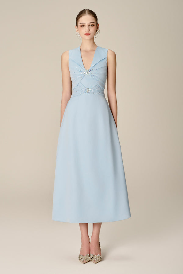 Iris A-line Plunge Neck Silk Midi Dress