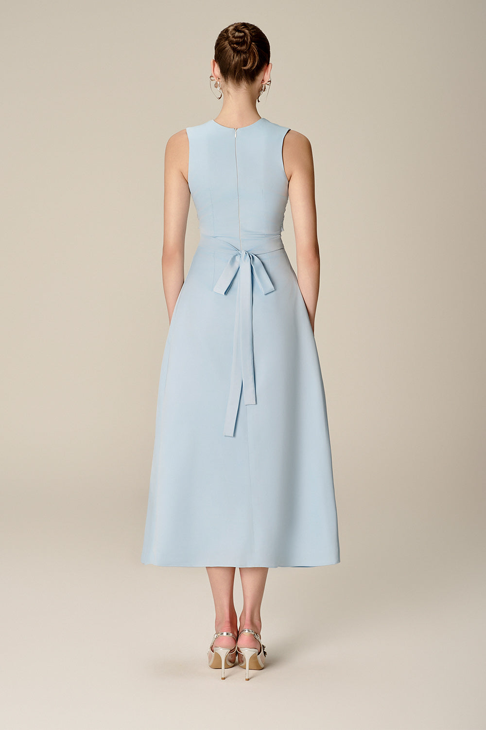 Iris A-line Plunge Neck Silk Midi Dress Light Blue / L