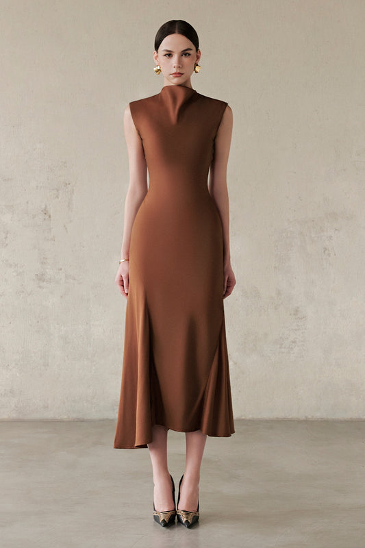 Inez High Neck Synthetic Silk Midi Dress - MEAN BLVD