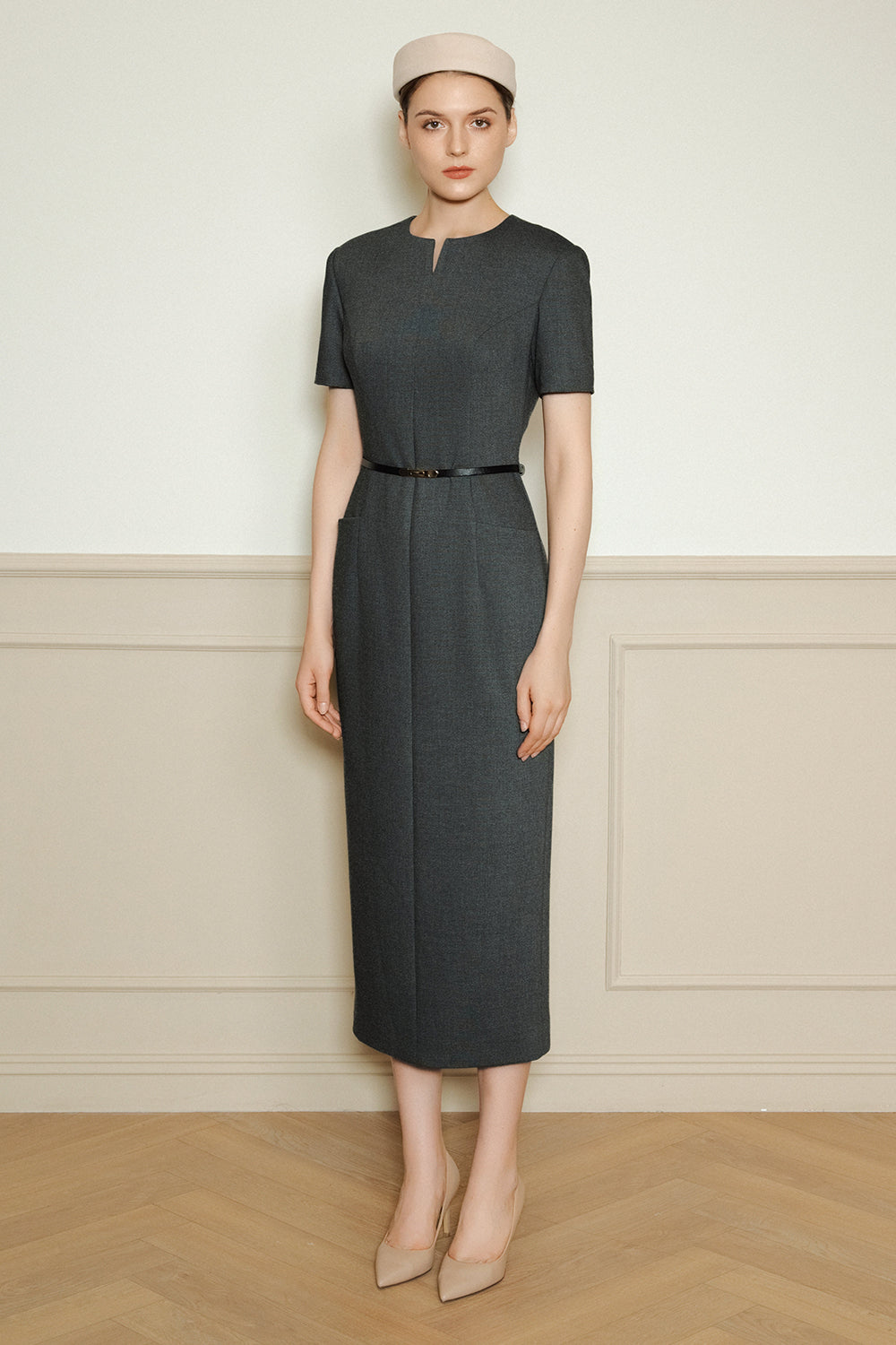 Women's Isabella Notch Neck Wool Midi Dress S/M/L/Customize Charcoal Gray/Sand MEAN BLVD Women's Isabella Notch Neck Wool Midi Dress S/M/L/Customize Charcoal Gray/Sand MEAN BLVD