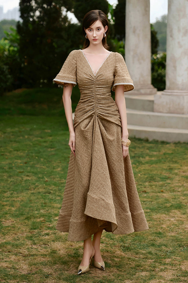 Isla V-Neck Gathering Midi Dress - MEAN BLVD