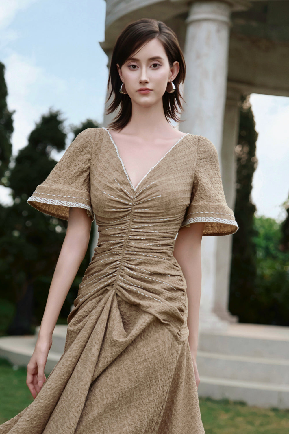waist defined v neck midi dress for women Nathalia Belted V-Neck Midi Dress