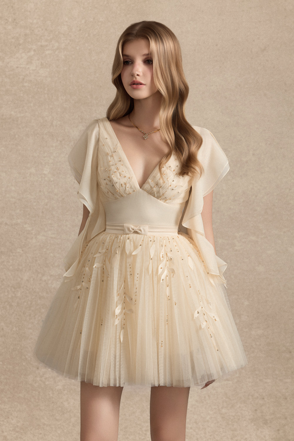 Isolde Butterfly Sleeve Bead Mini Dress Pastel Yellow / S