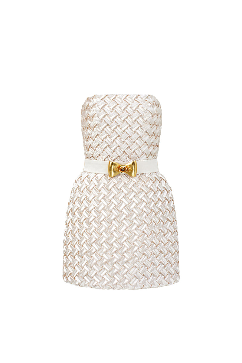 ivory a line mini dress Zapaka Women Strapless Ivory Mini Dress with Bow A Line Lace Graduation Dress with Pearls, Ivory / US6