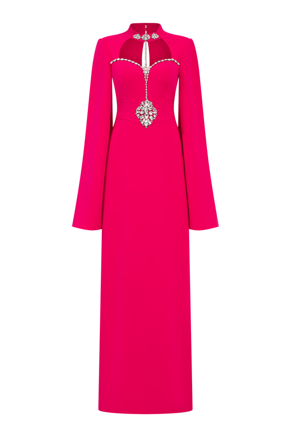 Garnet Sheath Cape Sleeved Twill Floor Length Dress