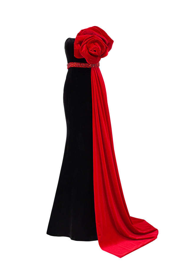 Glamour Strapless Flower Applique Velvet Floor Length Dress