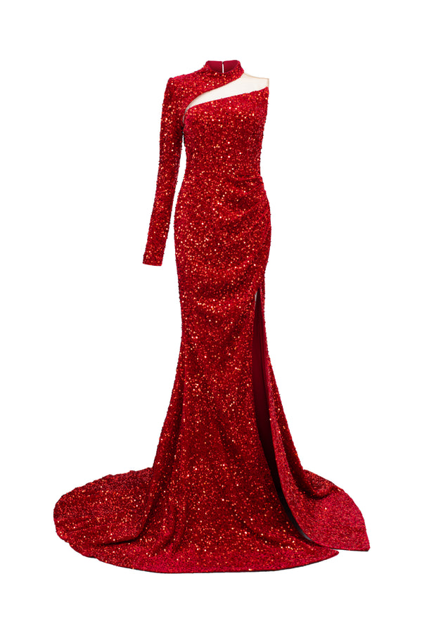 Sparkle Trumpet Side Slit Sequin Extra Long Length Dress