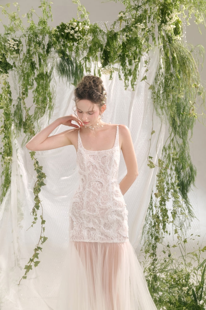 Julissa Sheath Square Neck Lace Floor Length Dress