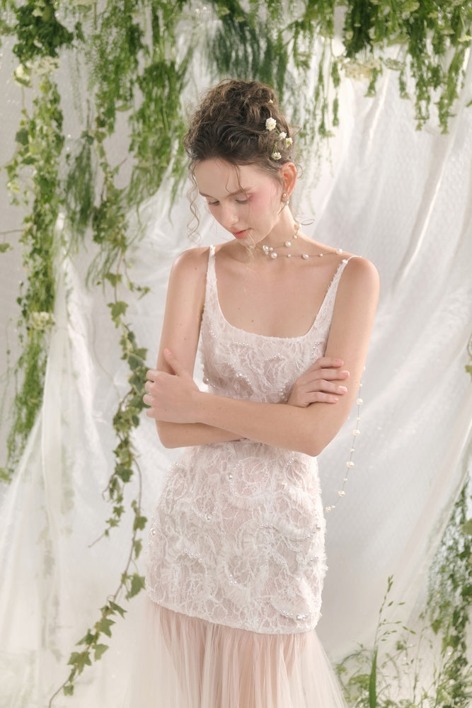 Julissa Sheath Square Neck Lace Floor Length Dress