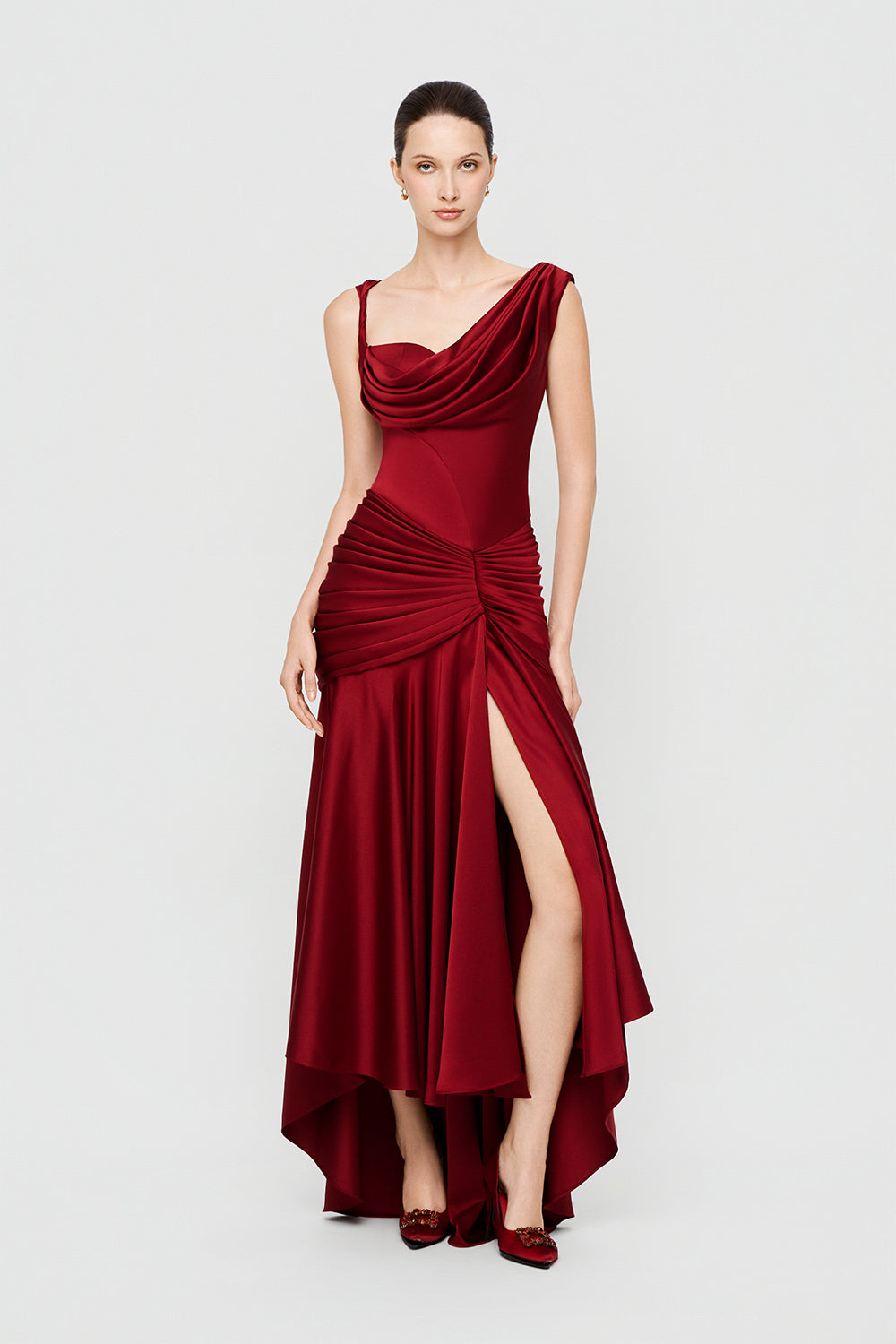 Women's Jersey Sheath Asymmetric Satin Maxi Dress XS/S/M/L/XL/Customize Beige/Deep Red/Rosy Brown MEAN BLVD Women's Jersey Sheath Asymmetric Satin Maxi Dress XS/S/M/L/XL/Customize Beige/Deep Red/Rosy Brown MEAN BLVD