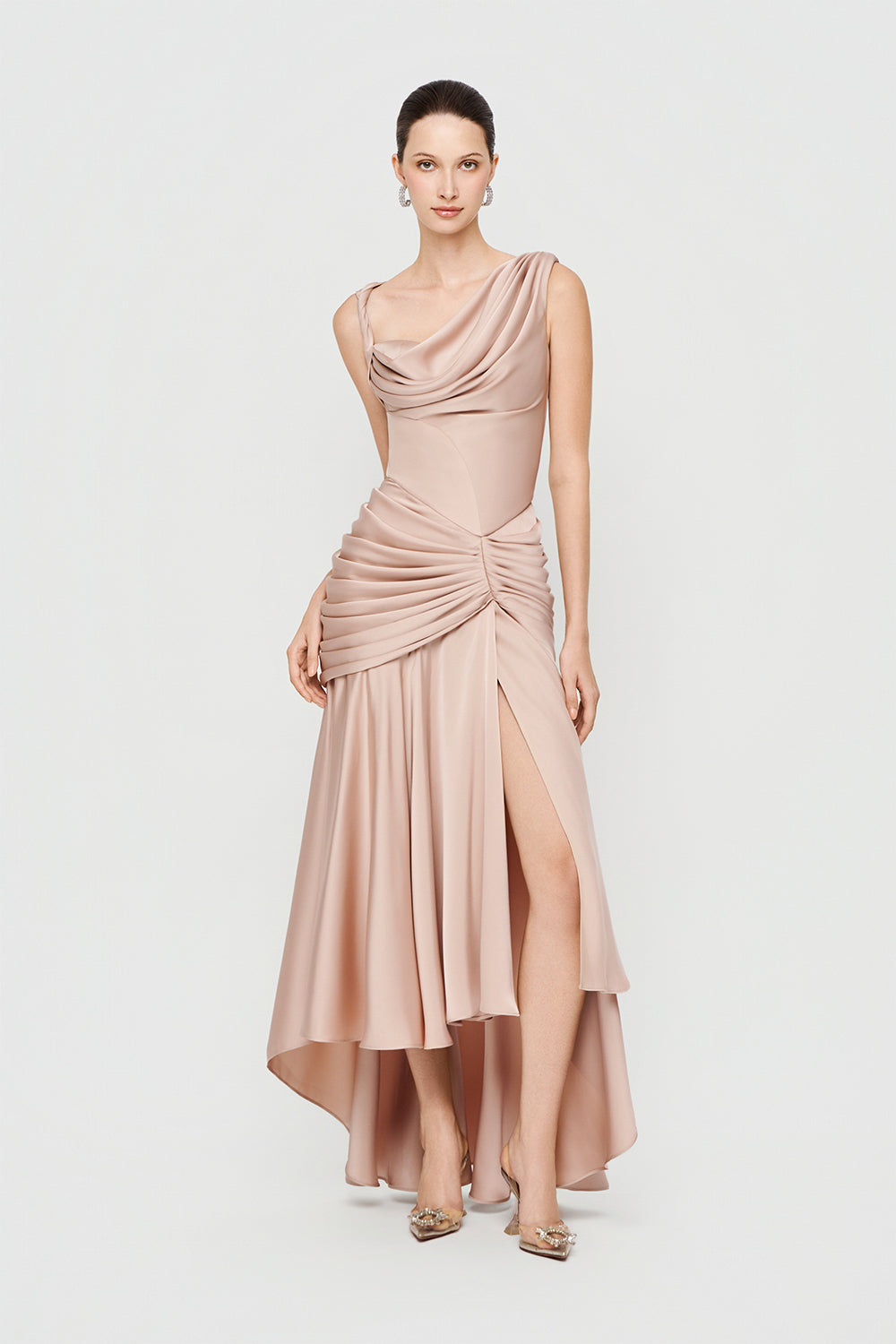 Women's Jersey Sheath Asymmetric Satin Maxi Dress XS/S/M/L/XL/Customize Beige/Deep Red/Rosy Brown MEAN BLVD Deep Red / L Women's Jersey Sheath Asymmetric Satin Maxi Dress XS/S/M/L/XL/Customize Beige/Deep Red/Rosy Brown MEAN BLVD Deep Red / L