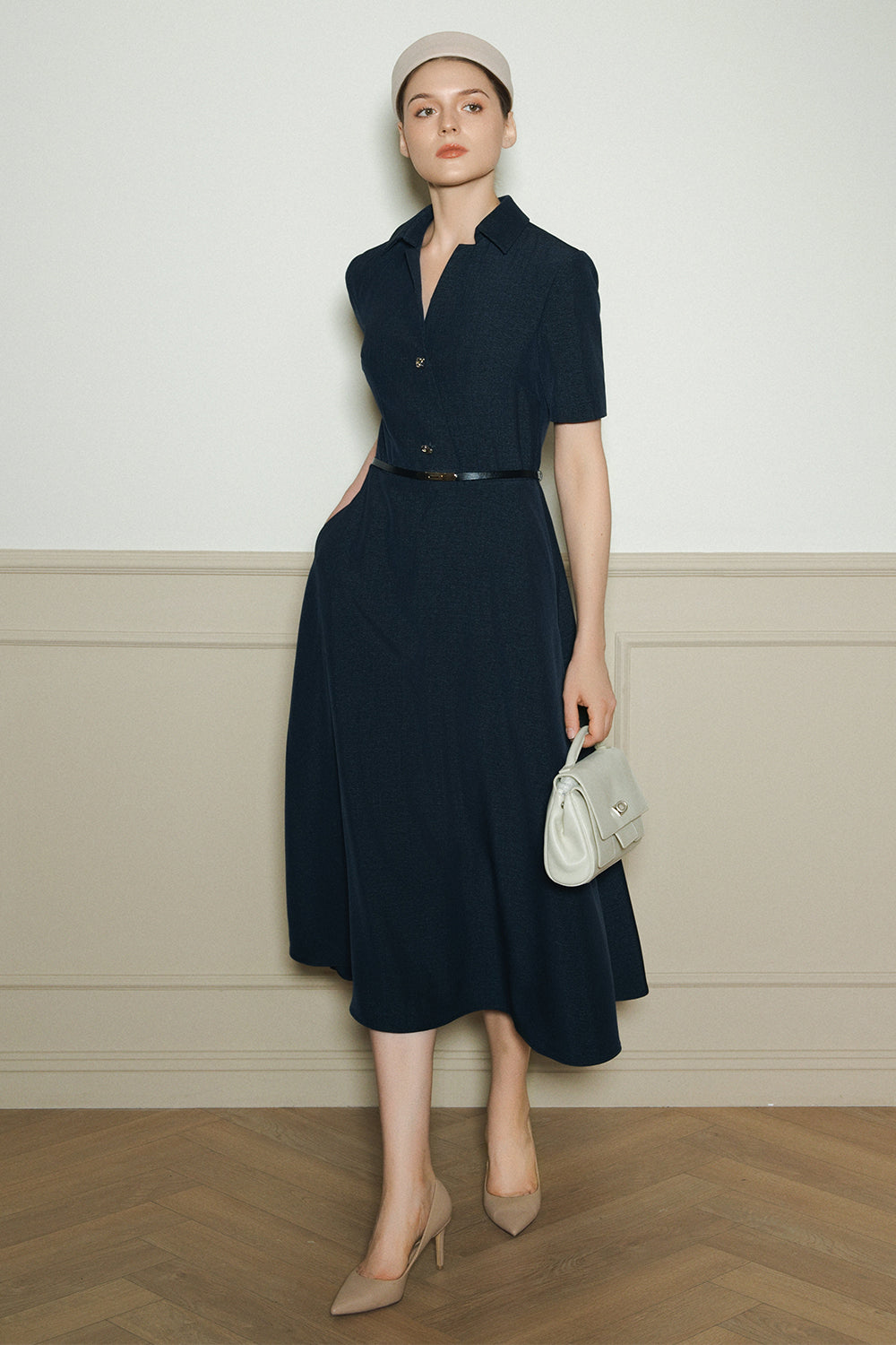 midi dress mean Women's Juliet Collared Button Midi Dress S/M/L/Customize Midnight Navy MEAN  BLVD