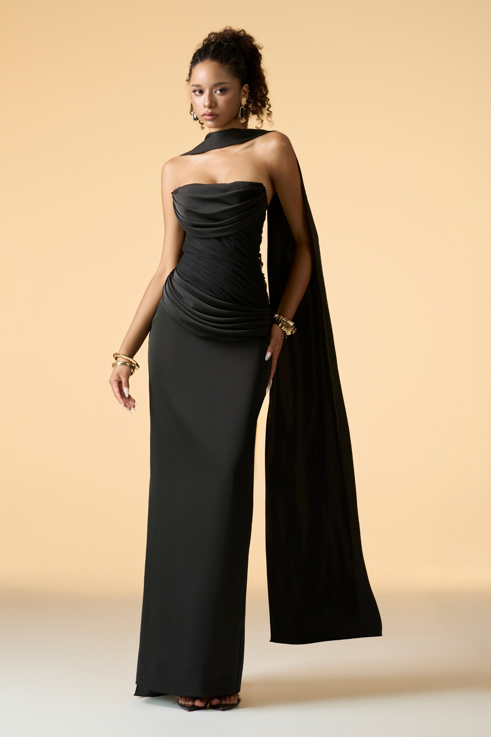 Muse Bandeau Draped Maxi Dress With Neck Scarf Black / 3X