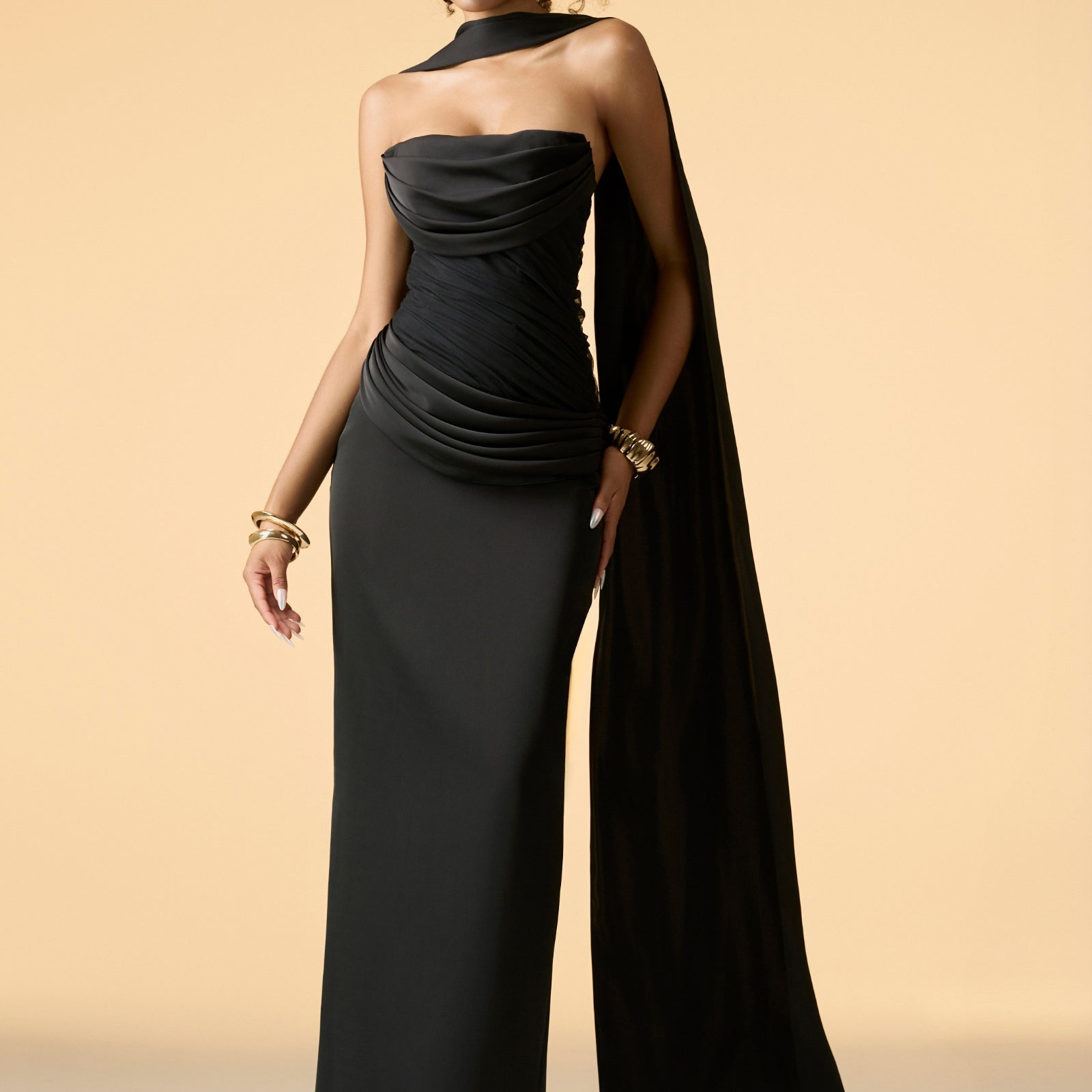 Muse Bandeau Draped Maxi Dress With Neck Scarf