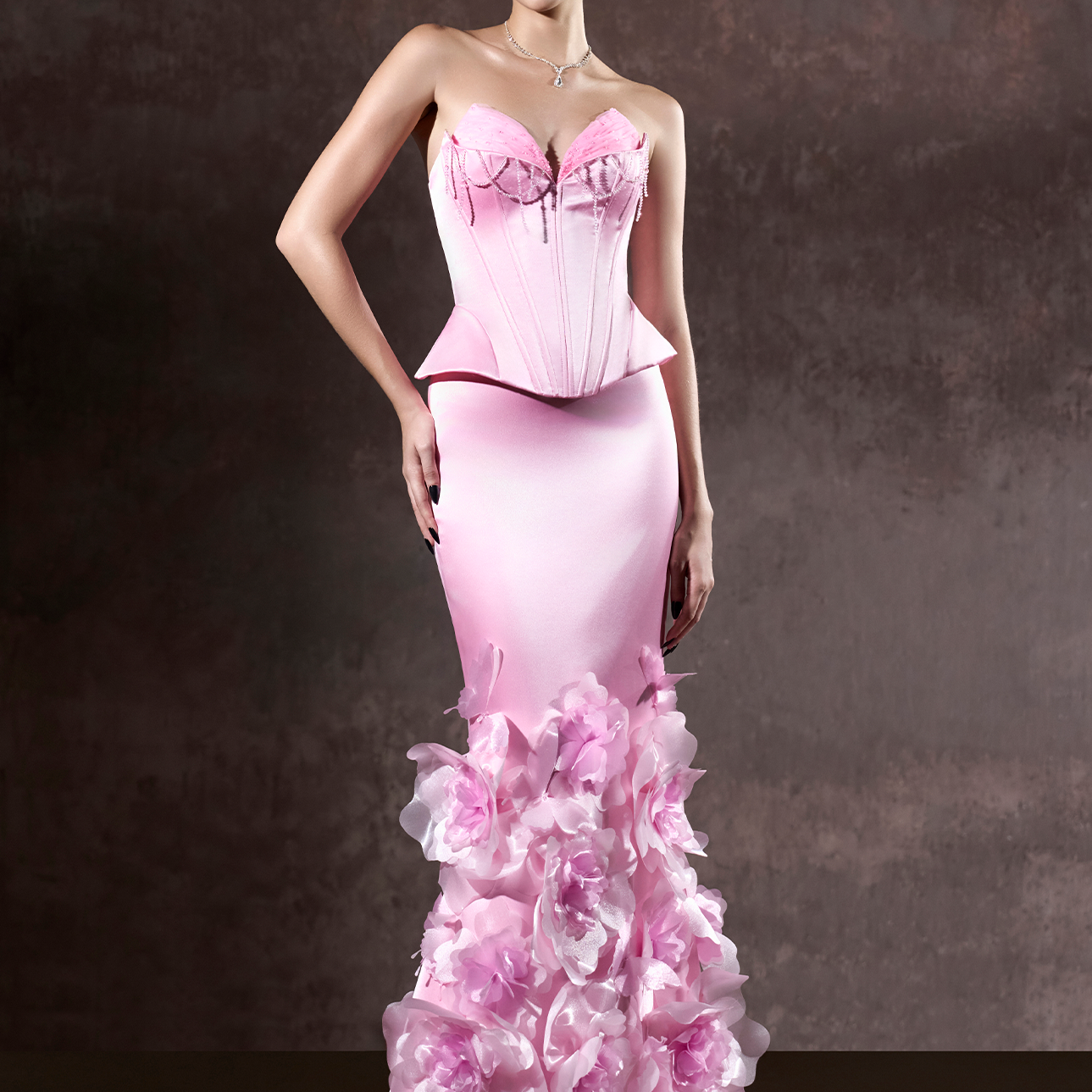 Kalena Corset Crystal Bust And Craftsmanship 3D Floral Maxi Dress