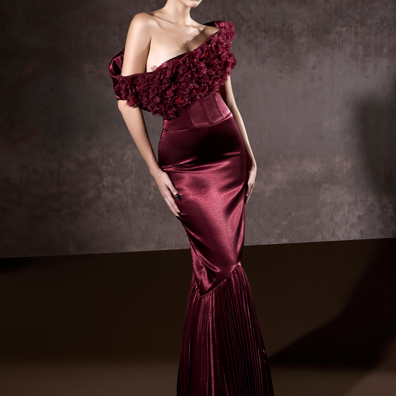 Malika Pleated Mermaid Formal Gown With 3D Floral Accent